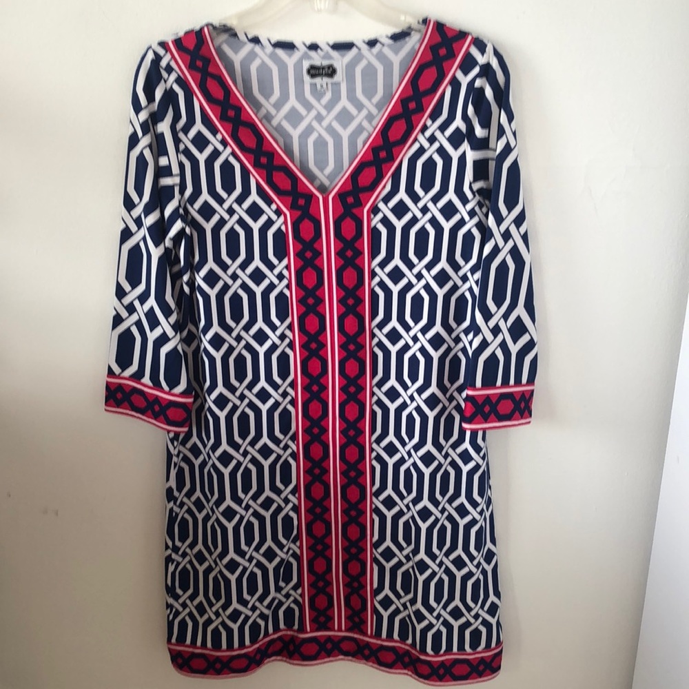Mud Pie 3/4 Sleeve Red, White & Blue Geometric Print V-Neck Dress Sz S - EUC